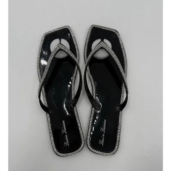 Lauren Lorraine Jellys Thong Sandal Square Toe Size 9.5 Rhinestones Tampa Black - Picture 4 of 9